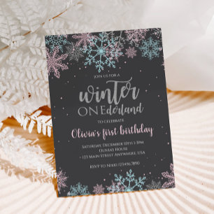 Invitación Nieve azul rosa de primer cumpleaños de invierno e