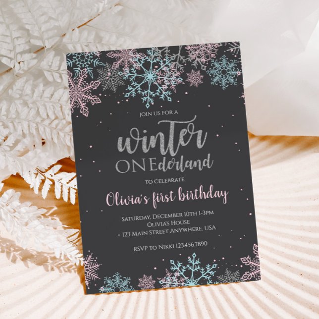 Invitación Nieve azul rosa de primer cumpleaños de invierno e (Subido por el creador)