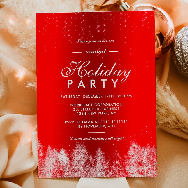 Invitación Nieve brillante rojo metálico invierno vacaciones  (Snow sparkle red metallic winter corporate holiday invitation)
