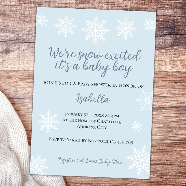 Invitación Nieve de invierno: ducha de niño pequeño emocionad (snow excited winter baby boy shower invitation)