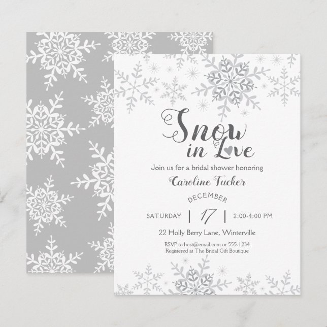 Invitación Nieve de invierno en ducha de novias enamorada (Anverso / Reverso)