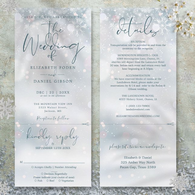 Invitación Nieve De Invierno En Un Boda (Winter Wonderland Snow All In One Wedding Invitation)