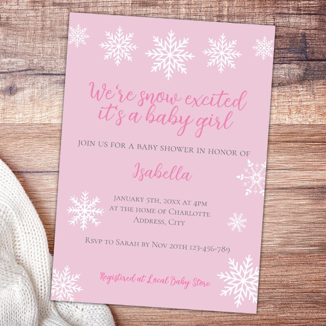 Invitación Nieve de invierno entusiasmada bebé rosa ducha (snow excited winter baby girl shower invitation baby pink)