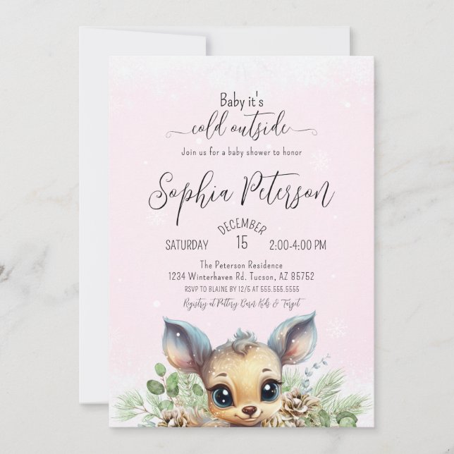 Invitación Nieve de invierno fría fuera del ciervo Baby Showe (Anverso)
