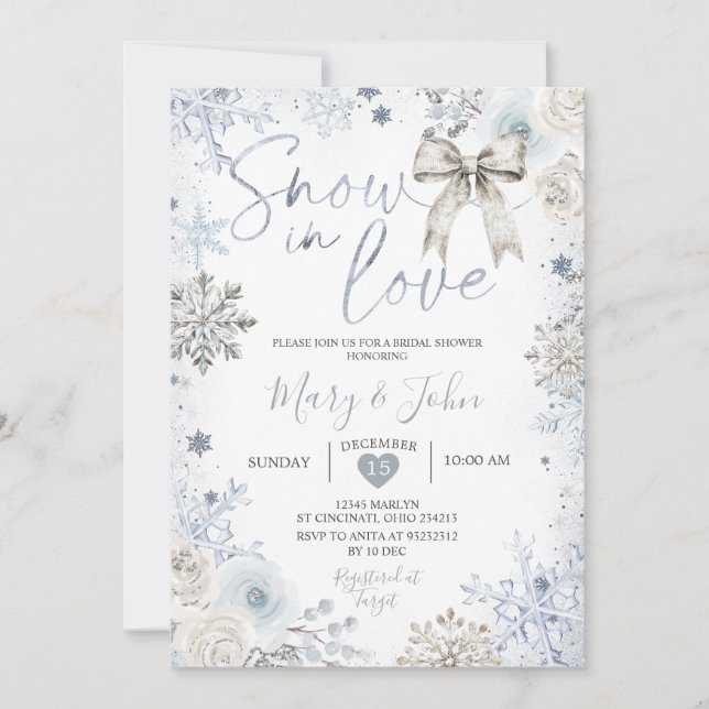 Invitación Nieve de invierno plateada en la ducha de novias c (Anverso)