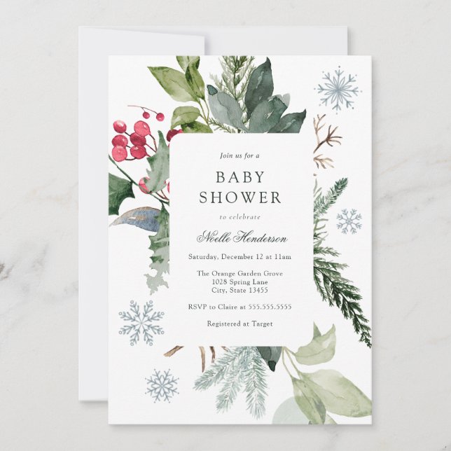 Invitación Nieve de invierno y Baby Shower Evergreen (Anverso)