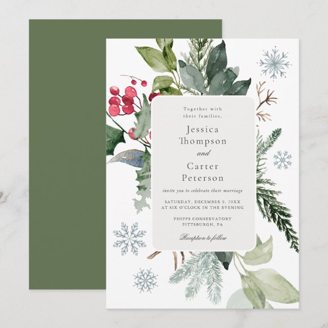 Invitación Nieve de invierno y Boda del Evergreen (Anverso / Reverso)