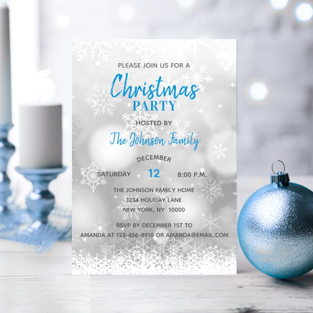 Invitación Nieve de nieve de FIESTA de los NAVIDADES azules (Blue CHRISTMAS PARTY Silver Snowflake Snow Invitation)