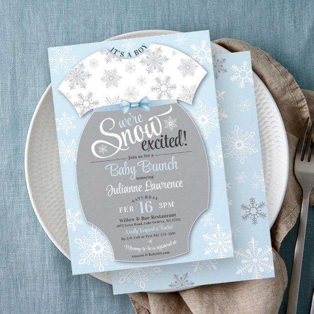 Invitación Nieve emocionada Baby Shower Blue Snflake It A Boy (We're Snow Excited blue & gray baby boy winter snowflake baby bodysuit brunch shower invitation)