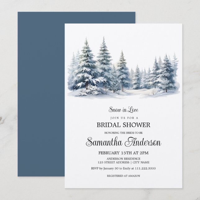 Invitación Nieve en amor bosque de pinos en invierno Ducha de (Anverso / Reverso)