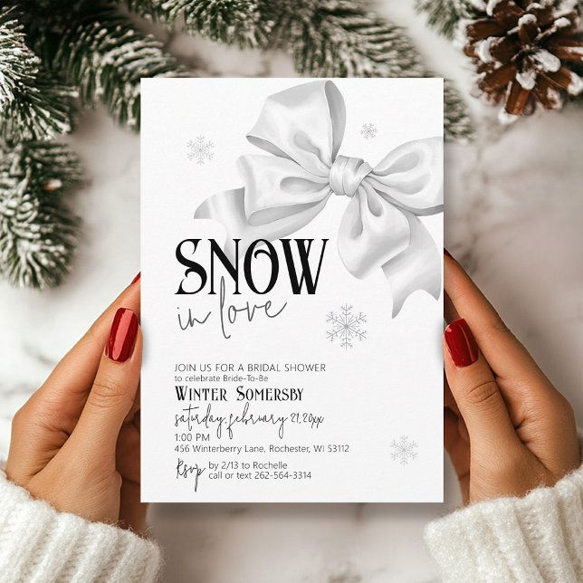 Invitación Nieve En Amor Bow Bridal Shower Snowflake Winter (Cute simple SNOW in Love minimalist snowflake white bow modern winter bridal shower invite)