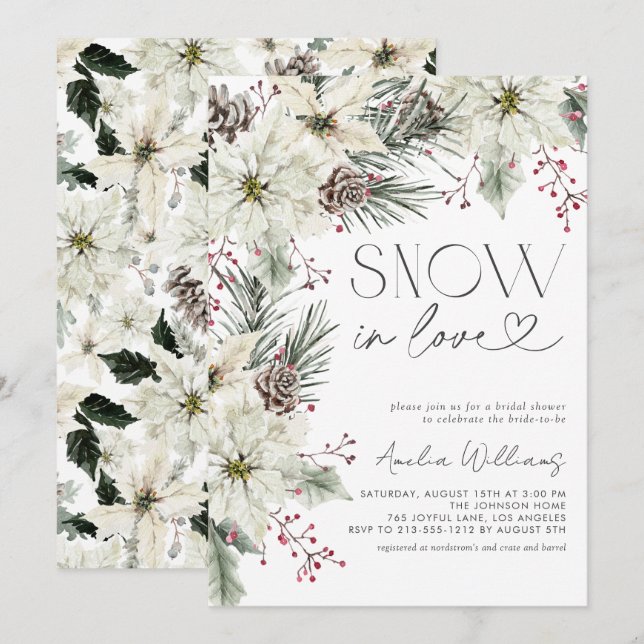 Invitación Nieve en amor Invierno de Poinsettia Blanca (Anverso / Reverso)