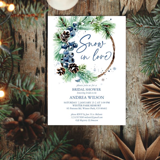 Invitación Nieve en amor invierno ducha de pinos de novia flo (Snow in love winter bridal shower editable template invitation digital download watercolor pines)