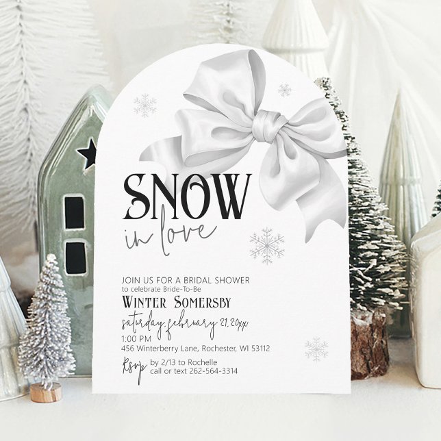 Invitación Nieve Enamorada Bow Bridal Shower Arco De Invierno (Cute simple SNOW in Love minimalist snowflake white bow whimsical winter arch bridal shower invite)