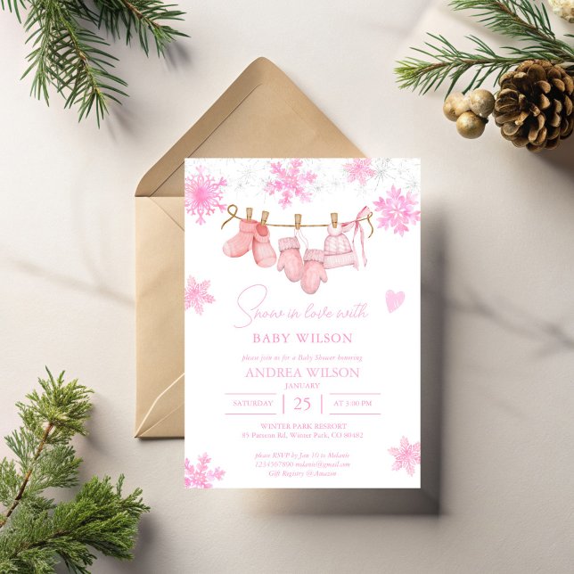 Invitación Nieve enamorada copos de nieve ducha de bebé de in (Snow in love with baby snowflakes pink clothes line winter baby shower invitation template)