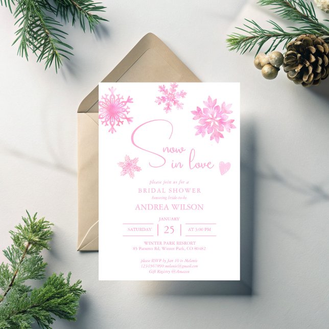 Invitación Nieve enamorada copos de nieve ducha de novia en i (Snow in love pastel pink snowflakes winter bridal shower invitation template)