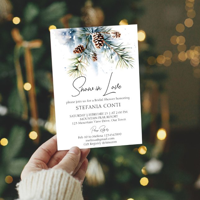 Invitación Nieve enamorada de pinos nevados ducha de novia en (Snow in love boho snowy pines pinecones winter bridal shower invitation template )