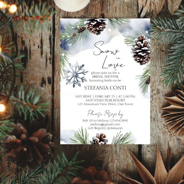 Invitación Nieve enamorada de pinos nevados ducha de novia en (Snow in love winter bridal shower editable template invitation digital download watercolor pines)