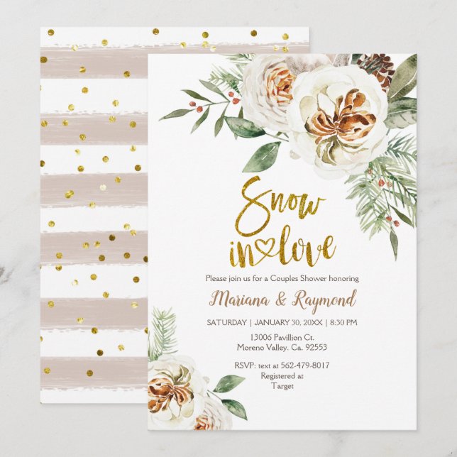 Invitación Nieve Enamorada Ducha De Parejas Florales Blancas  (Anverso / Reverso)