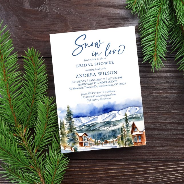 Invitación Nieve enamorada invierno ducha de novia aldea de m (Snow in love winter bridal shower snowy mountain village watercolor scenery template invitation )