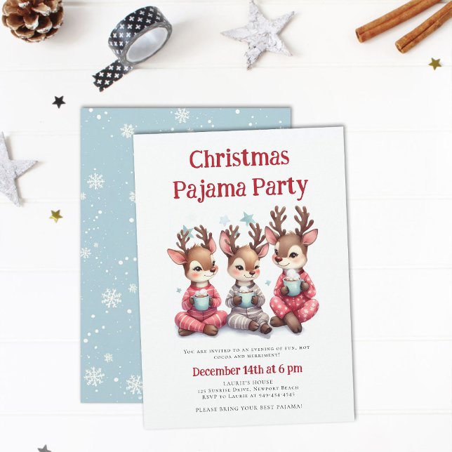 Invitación Nieve graciosa y dulce reno de navidades Fiesta Pa (christmas pajama party invitation funny cute reindeer hot cocoa pj sleepwear sleepover teens kids)