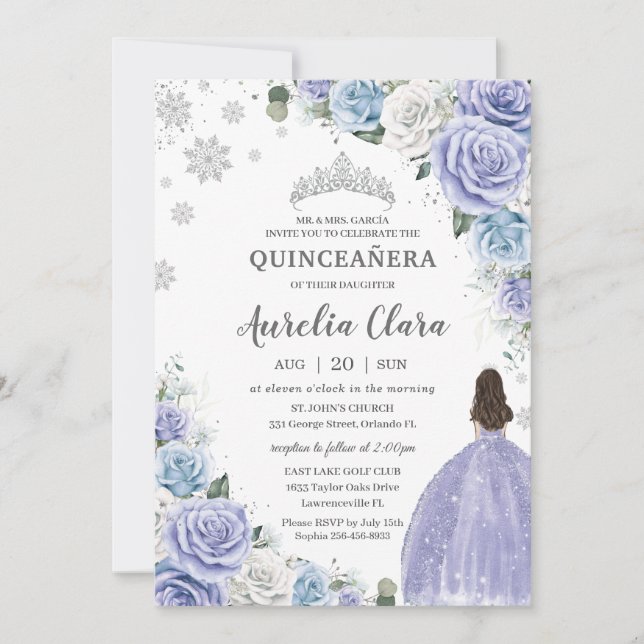 Invitación Nieve invernal floral azul púrpura Quinceañera (Anverso)