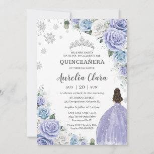 Invitación Nieve invernal floral azul púrpura Quinceañera
