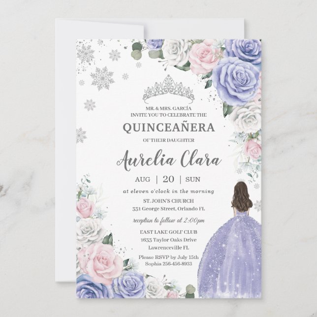 Invitación Nieve invernal floral púrpura rosa blanca Quinceañ (Anverso)