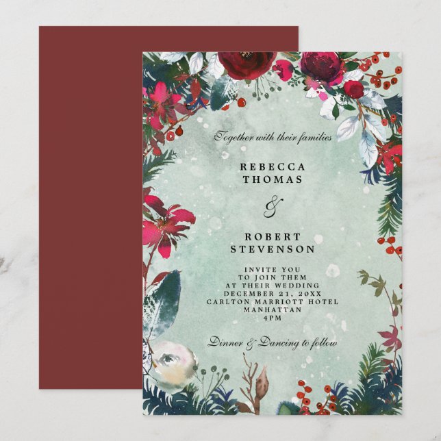 Invitación nieve moderna de florines rojos de boda de inviern (Anverso / Reverso)