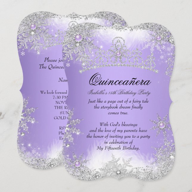 Invitación Nieve púrpura Quinceanera Winter Wonderland Lilac (Anverso / Reverso)