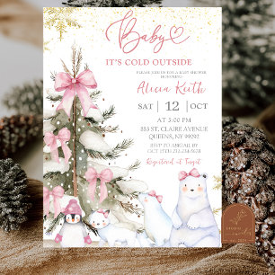 Invitación Nieve Rosa Invierno Animales Árticos Baby Shower