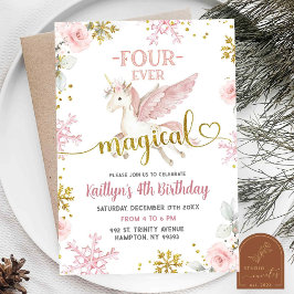 Invitación Nieve rosa mágica unicornio invierno 4 cumpleaños