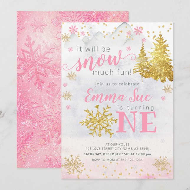 Invitación Nieve rosada en invierno Nieve Mucha diversión Cum (Anverso / Reverso)