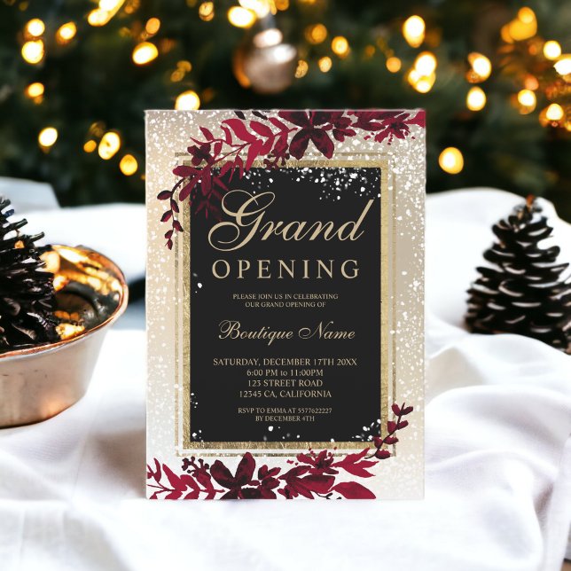 Invitación nieves doradas elegante Navidades rojos gran apert (gold leaf snow elegant red Christmas grand opening Invitation)