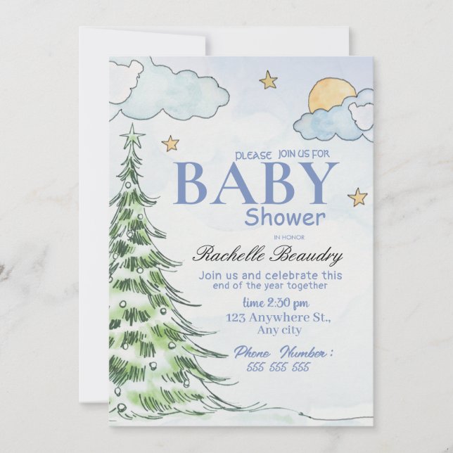 Invitación Night Christmas tree baby shower (Anverso)