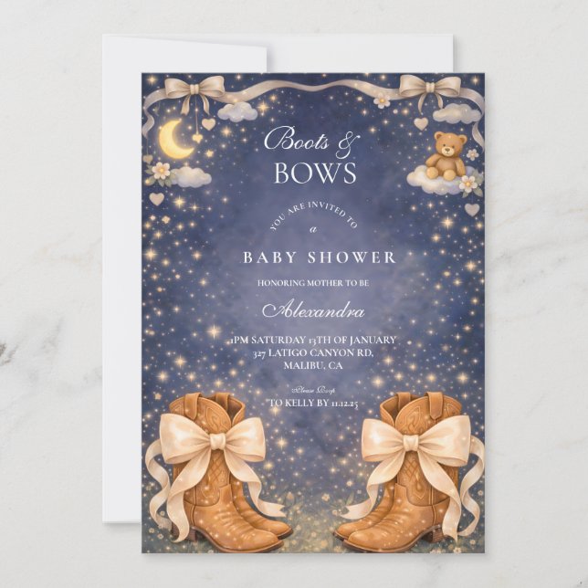 Invitación Night Sky Boots And Bows Baby Shower (Anverso)