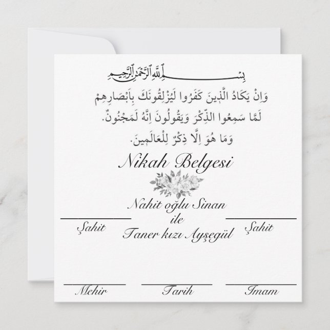 Invitación Nikah belgesi (Anverso)