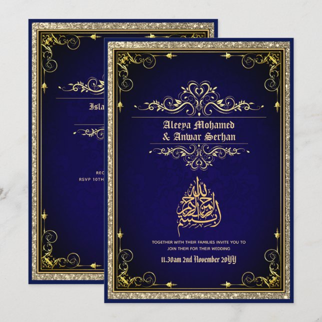 Invitación NIKAH - Boda islámico caligrafía oro azul (Anverso / Reverso)