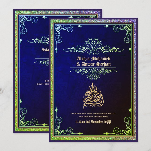 Invitación NIKAH - Boda islámico caligrafía oro azul (Anverso / Reverso)