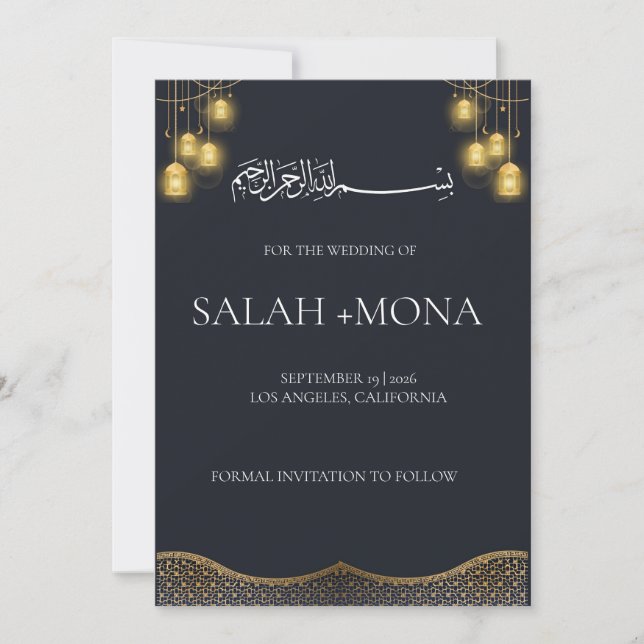 Invitación NIKAH, Boda musulmán, bismillah, árabe islámico (Anverso)