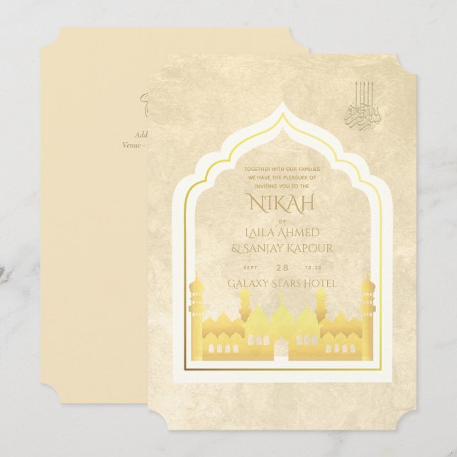 Invitación NIKAH - Boda Oro de la Mezquita Islámica Ornate (Anverso / Reverso)