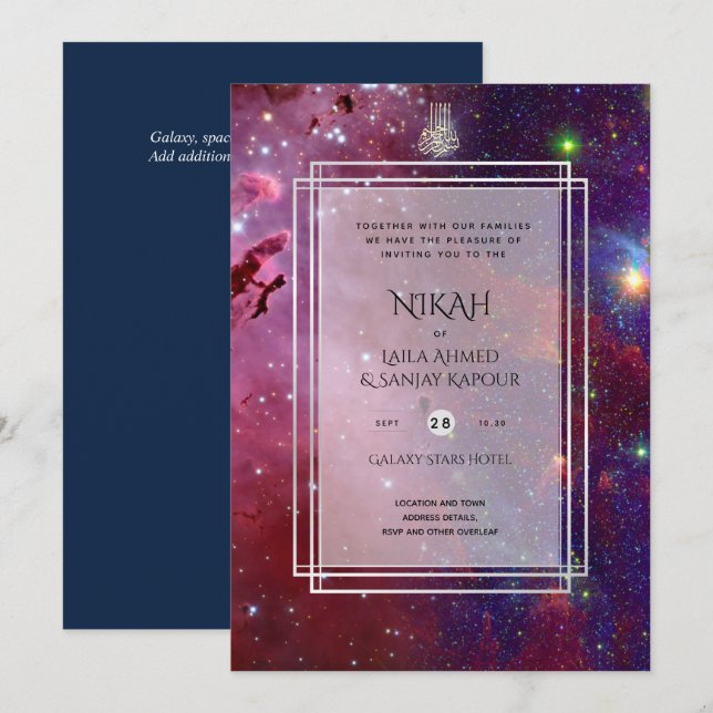 Invitación NIKAH Galaxy Wedding Invita caligrafía islámica (Anverso / Reverso)