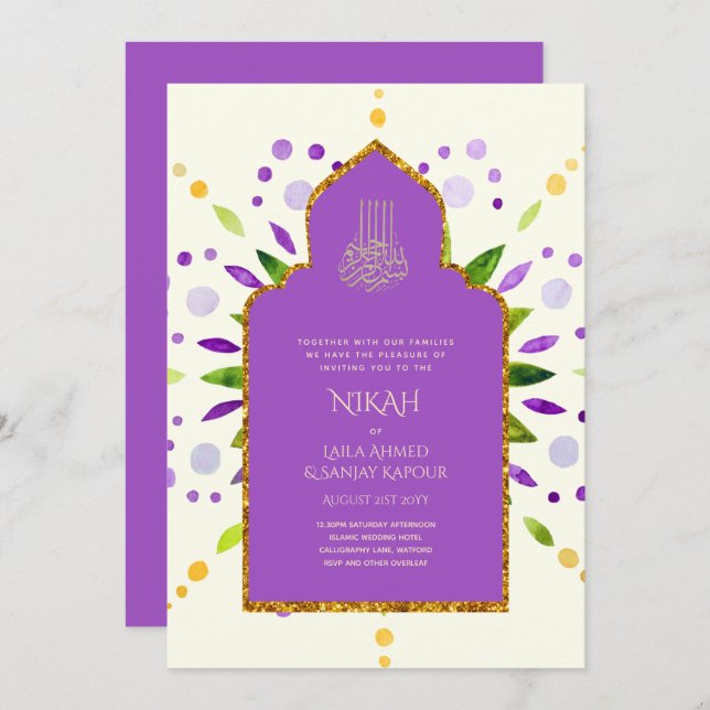 Invitación NIKAH - Invitat Boda de oro morado de Mandala mode (Anverso / Reverso)