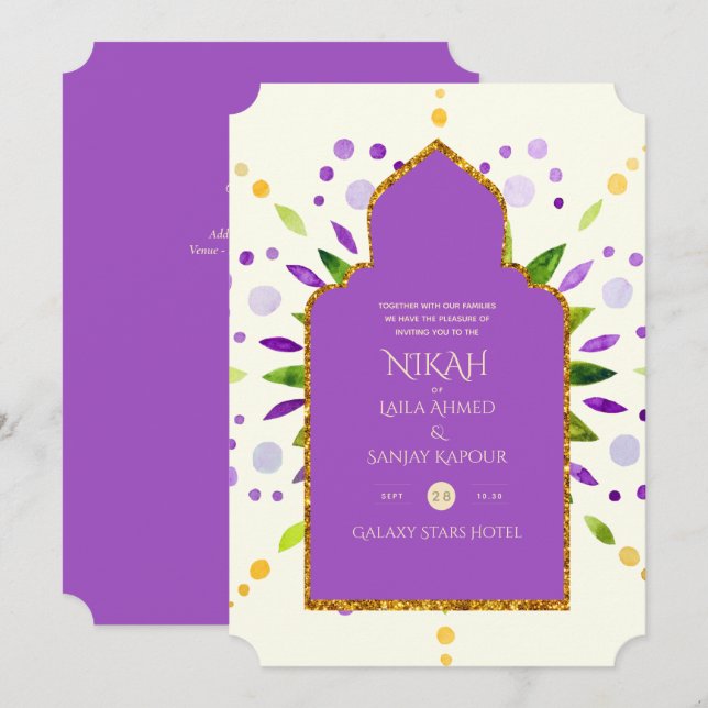 Invitación NIKAH - Invitat Boda de oro morado de Mandala mode (Anverso / Reverso)