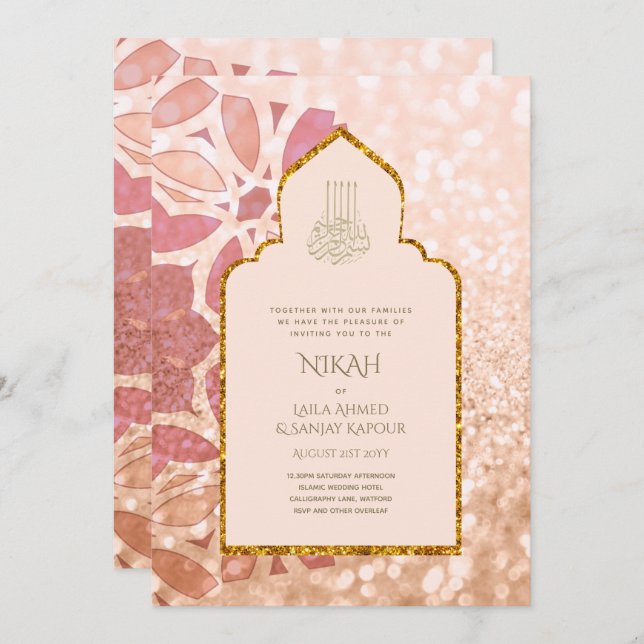 Invitación NIKAH - Invitati, Boda de oro rosado de Ornate Ros (Anverso / Reverso)