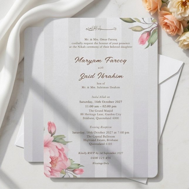 Invitación Nikah Islámico Blush Peonía Gris Raya Monograma (Subido por el creador)