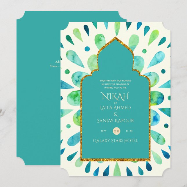 Invitación NIKAH - Moderno Boda de oro turquesa de Mandala (Anverso / Reverso)