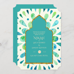 Invitación NIKAH - Moderno Boda de oro turquesa de Mandala