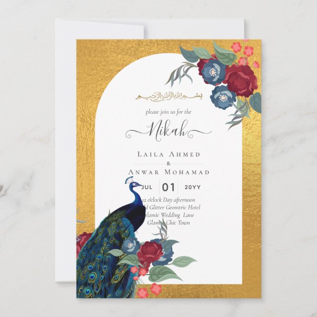 Invitación NIKAH Peacock Floral Gold Frame Boda Islámico (Anverso)