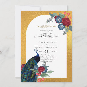 Invitación NIKAH Peacock Floral Gold Frame Boda Islámico